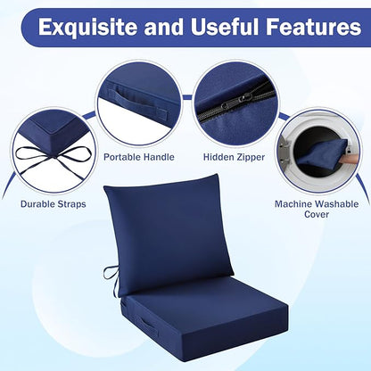 IASEAHK Outdoor Seat Cushion Set, Waterproof & Fade Resistant Patio Chair Cushions, Outdoors Cushion for Patio Furniture, 24 x 24 x 4 Inch, Outdoor Couch Cushions with Handle and Ties, Navy Blue