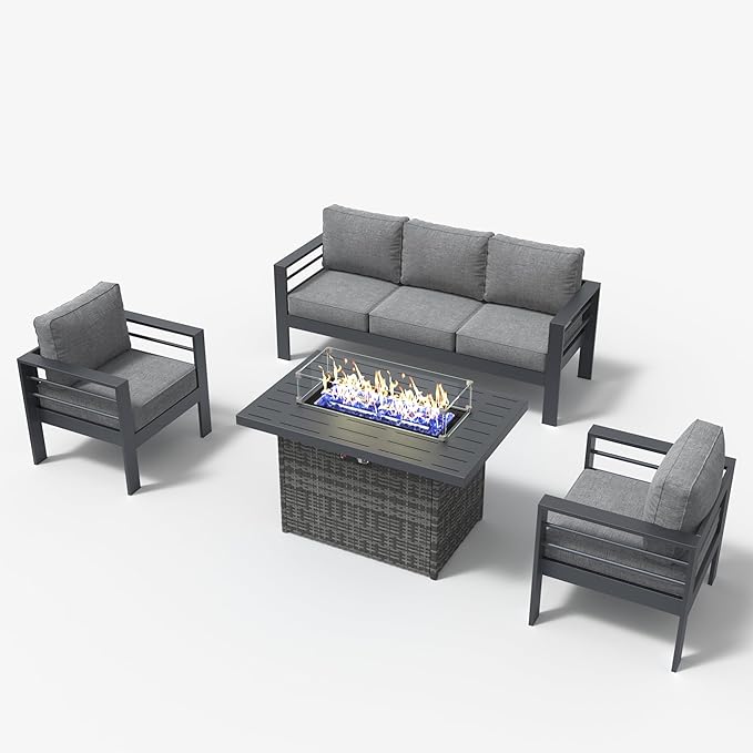 LayinSun Aluminum Furniture Set with Fire Pit Table, 4 Pieces Patio Sectional Conversation Chat Sofa Modern Seating Set