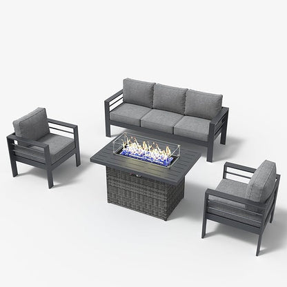 LayinSun Aluminum Furniture Set with Fire Pit Table, 4 Pieces Patio Sectional Conversation Chat Sofa Modern Seating Set