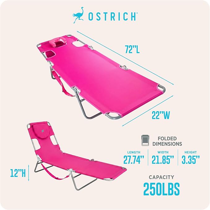 Ostrich the Original Chaise 72 x 22 Inch Lounge Portable Reclining Lounger, Outdoor Patio, Beach, Lawn, Camping, or Pool Tanning Chair, Pink