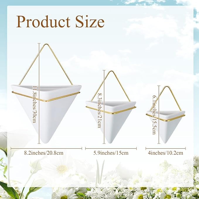 Rtteri 15 PCS Wall Hanging Planter Set with Artificial Succulents, 3 Ceramic Geometric Wall Planters in 3 Sizes, Modern Indoor Decor for Living Room Bathroom Office