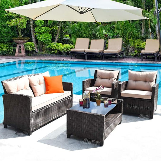 HAPPYGRILL 4-Piece Patio Conversation Set Rattan Wicker Chair Furniture Set with 1 Loveseat, 2 Single Sofas, 1 Coffee Table, Outdoor Indoor Furniture Sets for Backyard Porch Garden Poolside Balcony