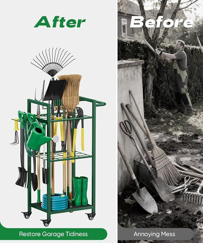 Garden Tool Organizer with Wheels, Heavy Duty 3 Tier Metal Yard Tool Storage Rack Holder with Side Hooks, Freestanding Garage Organizer for Shovels, Rakes, Brooms, Indoor Outdoor Use, Green