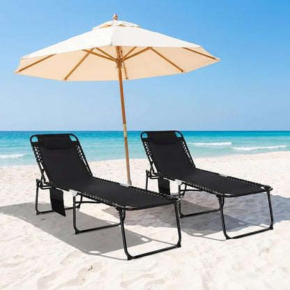 GYMAX Lounge Chairs for Outside, Extra High Folding Beach Tanning Lounger with Adjustable Backrest, Footrest & Removable Pillow, Sunbath Lounge for Patio, Lawn, Poolside (1, Black with Side Pocket)