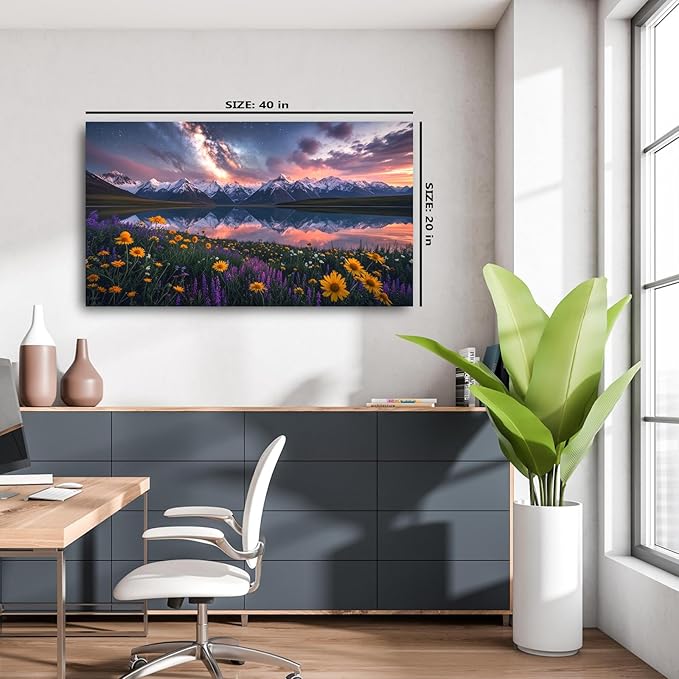 JLXART Wall Art Yellow Sunflower Field Canvas Mountain Artwork Landscape Print for Living Room Framed 20x40inch