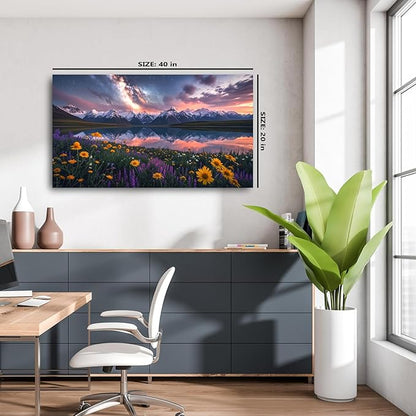 JLXART Wall Art Yellow Sunflower Field Canvas Mountain Artwork Landscape Print for Living Room Framed 20x40inch