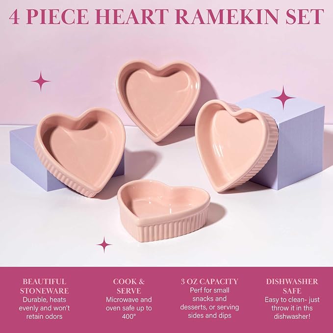 Paris Hilton Heart Shaped Ramekin Set, Mini Ceramic Ramekins, Oven Safe Baking Dishes, Dishwasher Safe, Stoneware Made without PFOA, Pink, 4-Piece Set (Pack of 12)