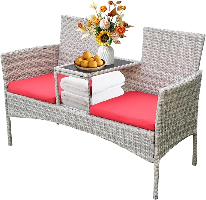 Outdoor Wicker Loveseat with Built-in Coffee Table, Patio Rattan Chair Conversation Set with Soft Cushions & Free Dust Cover for Lawn, Garden, Backyard (Grey Wicker & Red Cushions)