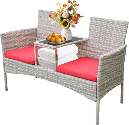 Outdoor Wicker Loveseat with Built-in Coffee Table, Patio Rattan Chair Conversation Set with Soft Cushions & Free Dust Cover for Lawn, Garden, Backyard (Grey Wicker & Red Cushions)