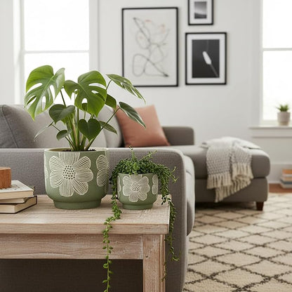 Succulent Pots 6 Inch, Plant Pot for Plants with Drainage Hole, Green Ceramic Planter Modern Floral Pattern, Round Flower Pots for Indoor Plants and Snake Plants - 1 Pack