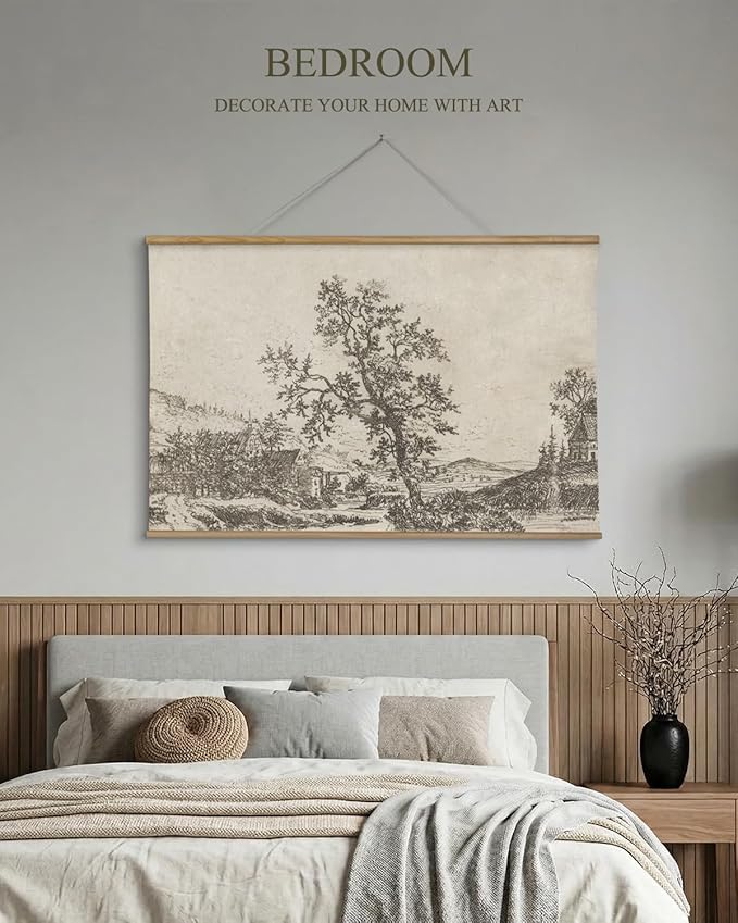 ARPEOTCY Extra Large Vintage Framed Wall Art, 36x54 Inch Sketch Houses Trees Landscape Hanging Canvas Prints, Scroll Wall Decor for Living Room Bedroom, Retro Scenery Pictures Above of Bed