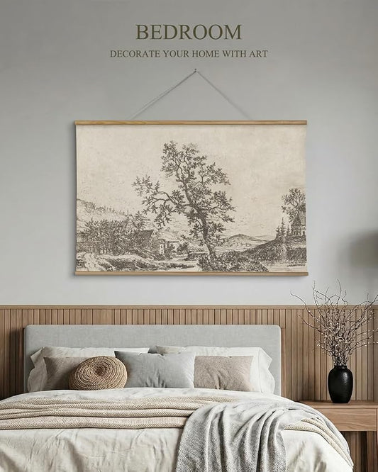ARPEOTCY Extra Large Vintage Framed Wall Art, 36x54 Inch Sketch Houses Trees Landscape Hanging Canvas Prints, Scroll Wall Decor for Living Room Bedroom, Retro Scenery Pictures Above of Bed