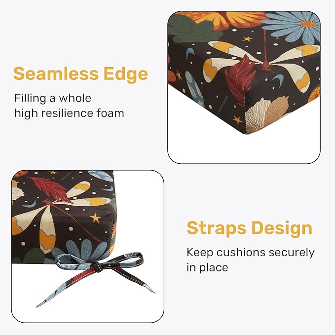 UNIKOME Outdoor Chair Cushions Pack of 4, Water Resistant Patio Cushions with Ties, High Density Sponge Filling Square Corner Seat Cushions for Outdoor Furniture, 19"*19"*3", Flower