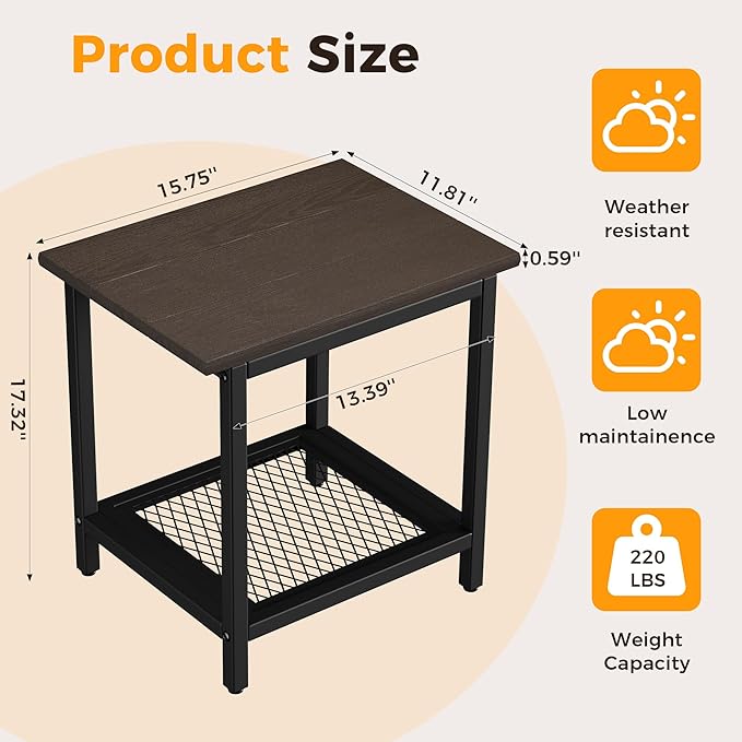 2-Tier Outdoor Side Table with Storage, Weather Resistant Patio End Table, HDPS Small Accent Table for Deck, Garden, Pool, Backyard, Brown 2pcs