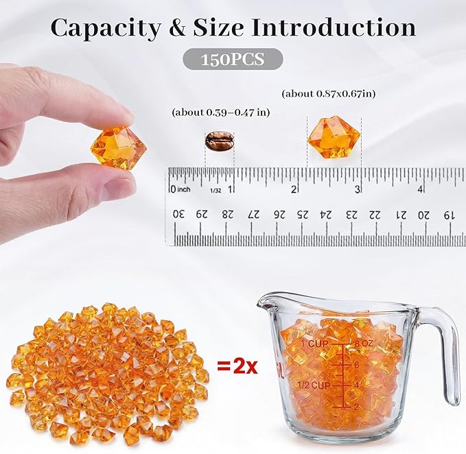 DomeStar Orange Fake Ice Rocks, 150PCS Acrylic Gems Crystals Plastic Diamonds Centerpiece for Vase Fillers DIY Craft Wedding Party Table Scatter Burnt Orange Decorations