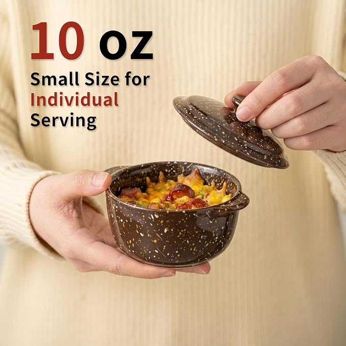 10 Oz Ceramic Mini Cocotte Set 4-Pack, Oven Safe Stoneware Casserole Dishes with Lids Handles, Individual Ramekins for Baking Soufflé Soup Cobbler,Brown