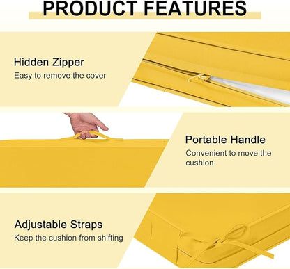 downluxe Waterproof Outdoor Chair Cushions Set of 4, 19" x 19" x 3" Patio Chair Cushion with Non-Slip Ties & Handle, Square Outdoor Cushion for Patio Furniture with Removable Cover, Yellow