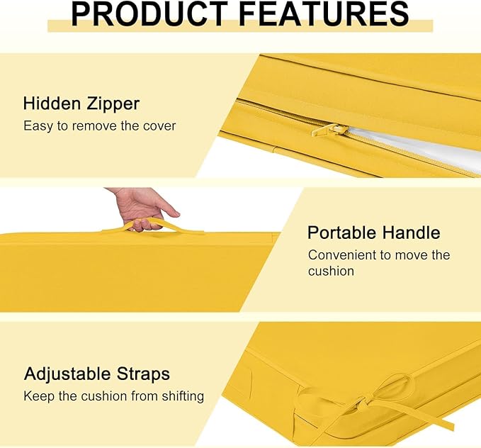 downluxe Waterproof Outdoor Chair Cushions for Patio Furniture, 18" x 18" x 2" Patio Chair Cushion with Adjustable Ties & Portable Handle, Square Outdoor Cushion with Removable Cover, Yellow, 2 Pack