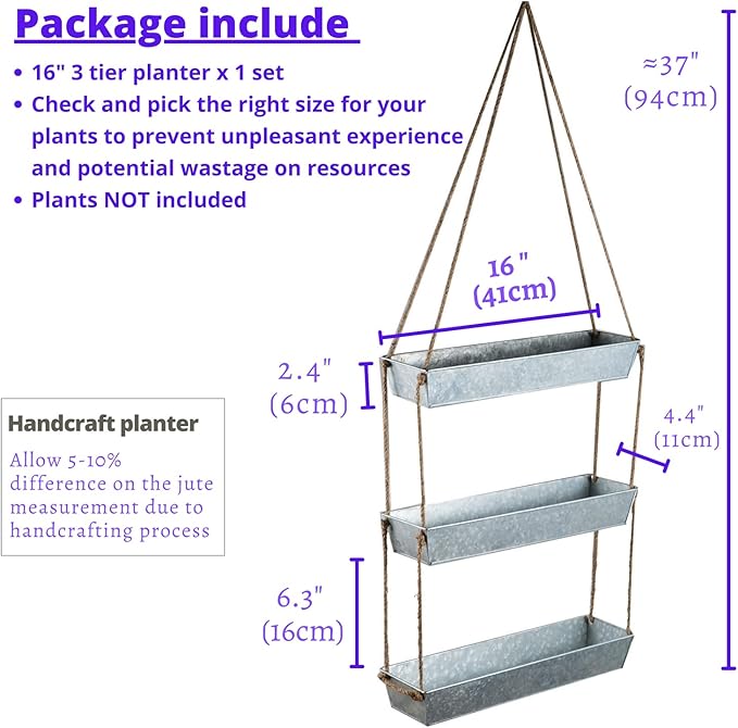 LaLaGreen Wall Hanging Planter - 16 Inch Indoor Wall Planters, 3 Tier Succulent Planters, Metal Silver Window Herb Garden Rectangle Hanging Vertical Plant Pot