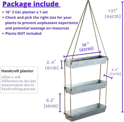 LaLaGreen Wall Hanging Planter - 16 Inch Indoor Wall Planters, 3 Tier Succulent Planters, Metal Silver Window Herb Garden Rectangle Hanging Vertical Plant Pot