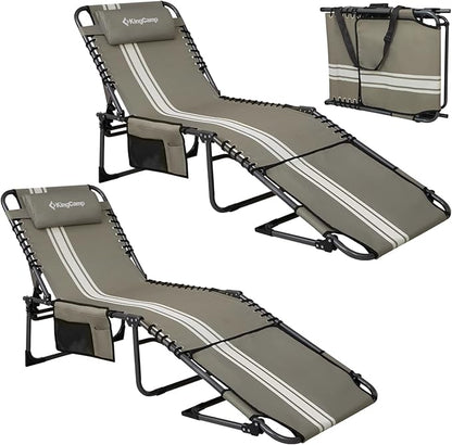 KingCamp 2 Pack Tanning Chair with Face Hole, Lounge Chairs Outdoor Folding Portable Comfy Adjustable 5-Position Foldable Chaise Chaser Lounger for Outside Beach Patio Sun Bathing Pool, Grey/White