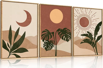 KAIRNE Vintage Sun and Moon Framed Canvas Wall Art Set,Boho Desert Botanical Wall Decor,Abstract Green Terracotta Art Prints,Retro Minimalist Artwork for Living Room,Bedroom,Farmhouse,Office-24"x36"x3