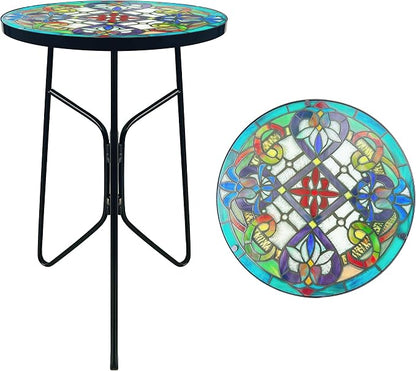 Mosaic Flower Outdoor Side Tea Table, Glass Plant Tables Decorative Metal Patio Table, Round Outdoor Tables Unique Furniture-Weather-Resistant Patio Decor, Valentine's Day Decoration Gift