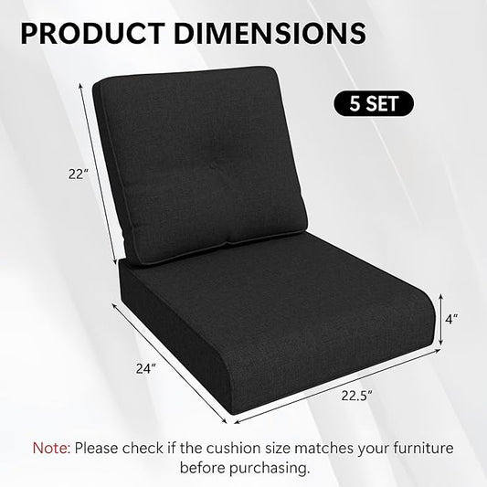 Outdoor Chair Cushions Set for Patio Furniture, 22x25/22x24 Inch, Waterproof & Fade Resistant Patio Chair Cushions, Thick Patio Furniture Cushion for Chair, Sofa, and Couch (Black, 5 Set)