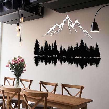 Mountain and Forest Lake Reflection Metal Wall Art, Nature-Inspired Silhouette Decor for Living Room, Bedroom or Office, Large Outdoor Wall Decor, Nature Christmas Décor (White, 24x18 inches)