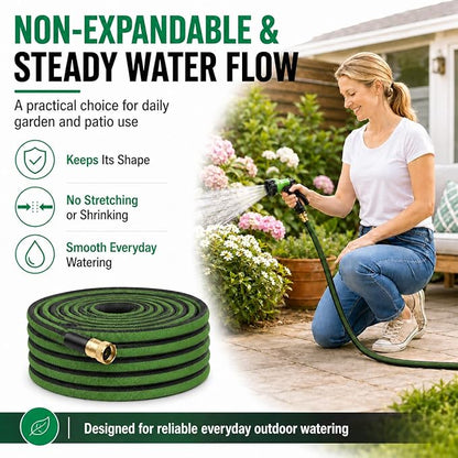 100FT Lightweight Flat Garden Hose for Women & Seniors, Non-Expandable Water Hose with 10-Pattern Spray Nozzle, Easy Storage No-Kink Hose for RV, Patio, Small Backyard, Car Wash & Everyday Watering