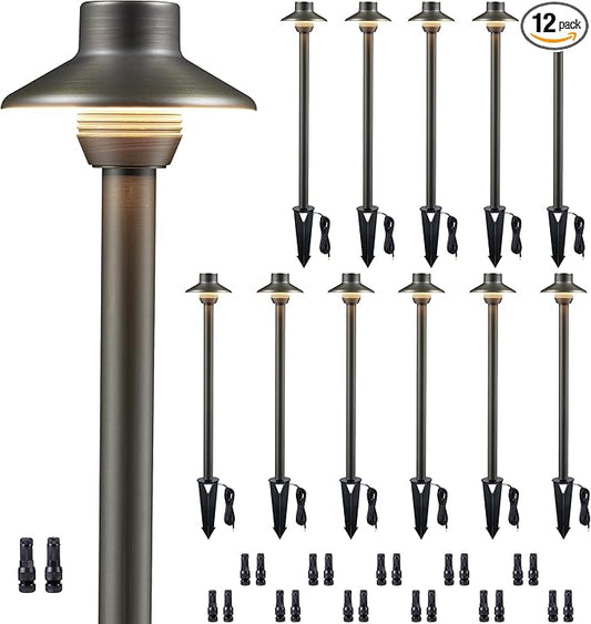 Gardenreet Low Voltage Pathway Lights 12V, LED Landscape Path Lights Outdoor Waterproof, Electric Walkway Lights, Mini Shade Bronze ETL Garden Decorations Without G4 Bulb 12 Pack