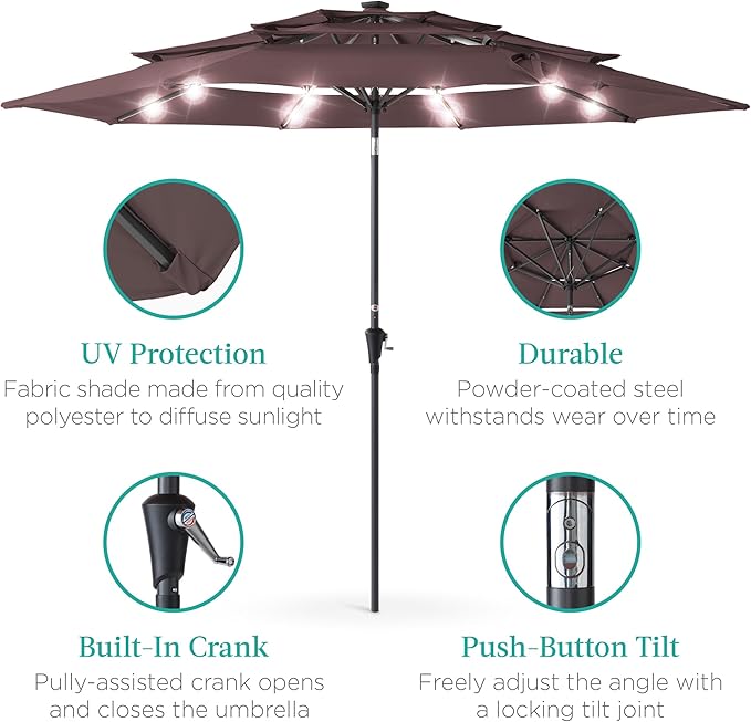 Best Choice Products 10ft 3-Tier Solar Patio Umbrella, Outdoor Market Sun Shade for Backyard, Deck, Poolside w/ 24 LED Lights, Tilt Adjustment, Easy Crank, 8 Ribs - Deep Taupe