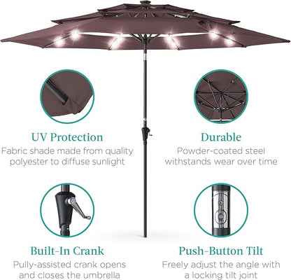 Best Choice Products 10ft 3-Tier Solar Patio Umbrella, Outdoor Market Sun Shade for Backyard, Deck, Poolside w/ 24 LED Lights, Tilt Adjustment, Easy Crank, 8 Ribs - Deep Taupe