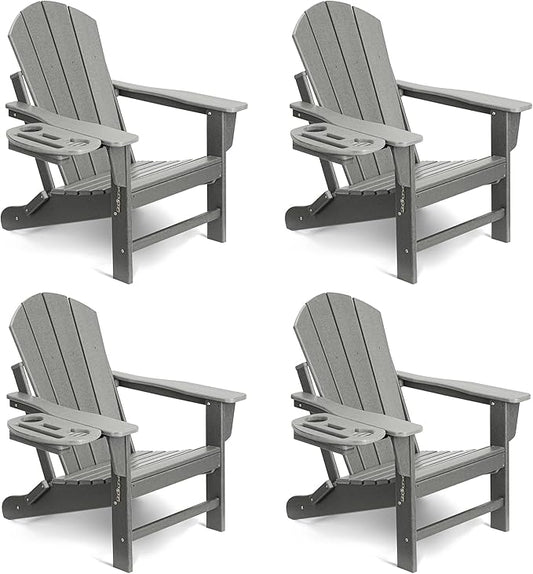 Adirondack Chair Set of 4, HDPE Folding Adirondack Chair with Multifunctional Cup Holder, Weather Resistant Fire Pit Chair for porches, patios, patios, poolsides, Decks.