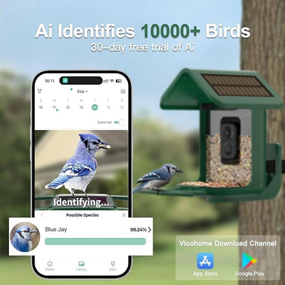 Bird Feeder with Camera Solar Powered : Smart Camera Bird Feeder 2K Live Feed Cam for Backyard - AI Identify Auto Capture Videos Pictures, Gifts for Birdlover Mom Dad, 2.4GHz WiFi