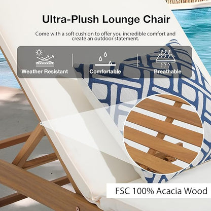 Patiorama Patio Acacia Wood Chaise Lounge, Outdoor Folding Lounge Chair Recliner w/Padded Cushion, Wheels, Adjustable Backrest, Portable Sun Lounger Pool Chair for Deck, Lawn, FSC Certified, Cream