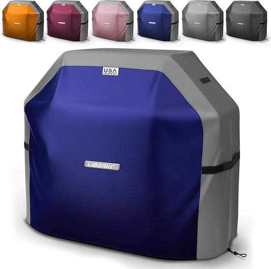 LIBZAKI Grill Cover 420D Waterproof, Weather Resistant, Rip-Proof, Anti-UV, Fade Resistant,Gas Grill Cover for Weber,Char Broil,Nexgrill Grills, etc.58 inches-Blue/Gray