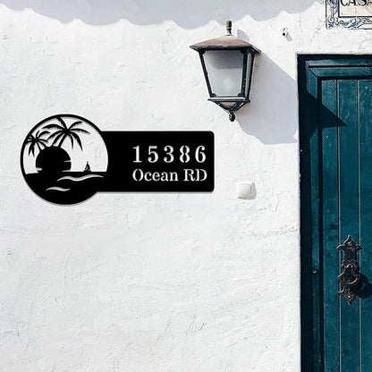 Beach House Metal Sign Custom,Palm Tree Personalized Name Signs Wall Art,Customized Coastal Home Numbers Decor,Address Plaque with Street Names Door Hanger for Swimming Pool Yard Outside Decoration