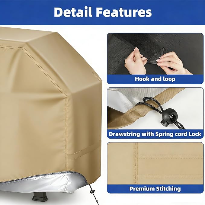 BBQ Gas Grill Cover for Outdoor, Anti-UV, Rip-Proof, 600D Oxford Fade Resistant Material, Barbecue Cover with Hook and Loop Straps & Adjustable Hem Drawstring (Beige, 44”x22”x42”)