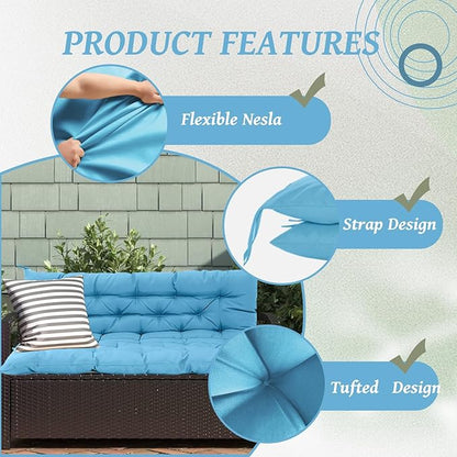 2/3 Seater Swing Replacement Cushion, Waterproof Porch Swing Cushions with Backrest, Thickened Bench Cushions for Outdoor Furniture, for Outdoor Patio Swing (Sky Blue, 60 * 40 in)