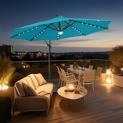 Solar Offset Patio Umbrella - 10 ft Solar Cantilever Umbrella Outdoor with 40 LED Lights and Cross Base, UV Protection for Garden, Deck, Backyard, Pool, Porch (Aqua Blue)