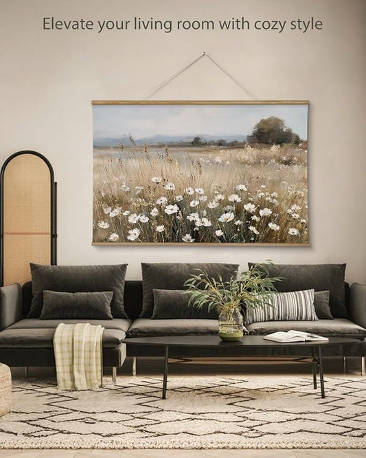 ARPEOTCY Extra Large Vintage Framed Wall Art, 36x54 Inch Wildflower Field Floral Landscape Hanging Canvas Prints Scroll Wall Art Decor for Living Room Bedroom, Retro Scenery Pictures Above of Bed