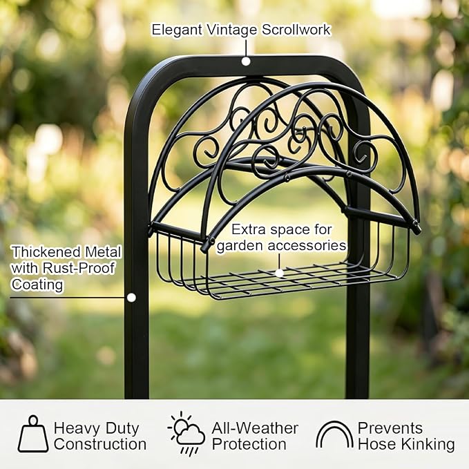 Garden Hose Holder Water Hose Reel Stand with Storage Basket Holds 160ft, Heavy Duty Freestanding Hose Stand with Triangular Base, Metal Hanger for Outside Yard Lawn, Black