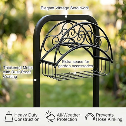 Garden Hose Holder Water Hose Reel Stand with Storage Basket Holds 160ft, Heavy Duty Freestanding Hose Stand with Triangular Base, Metal Hanger for Outside Yard Lawn, Black