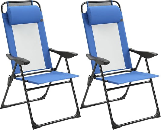 Outsunny Folding Patio Dining Chairs Set of 2, Outdoor Deck Chair with Removable Headrest, Camping Chair with Adjustable Sling Back for Garden, Backyard, Lawn, Blue