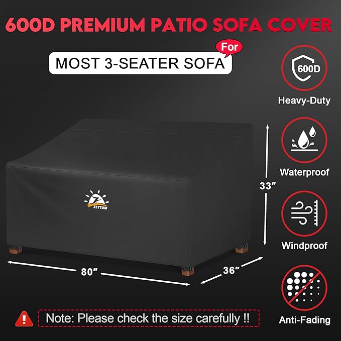 Zettum Patio Sofa Cover 80 Inch - 600D Outdoor Couch Cover Furniture Cover Waterproof & Heavy Duty, Large 3-Seater Bench Cover for Outside Sofa, Loveseat, Couch, Glider and Bench - 80 x 36 x 33 Inch