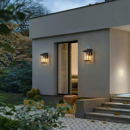 Outdoor Wall Sconce, Outside Porch Light Fixtures, Dusk to Dawn Wall Mount Anti-Rust Exterior Wall Lights in Wood Grain & Black Finish with Clear Glass