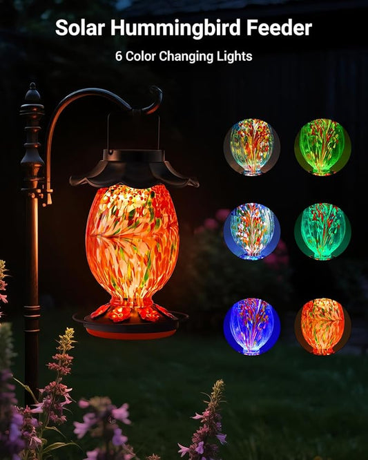 Solar Hummingbird Feeder - 49 fl.oz Hand Blown Glass Color Changing - 7 Feeding Ports with Perch - Never Leak - Perfect Hummingbird Feeder