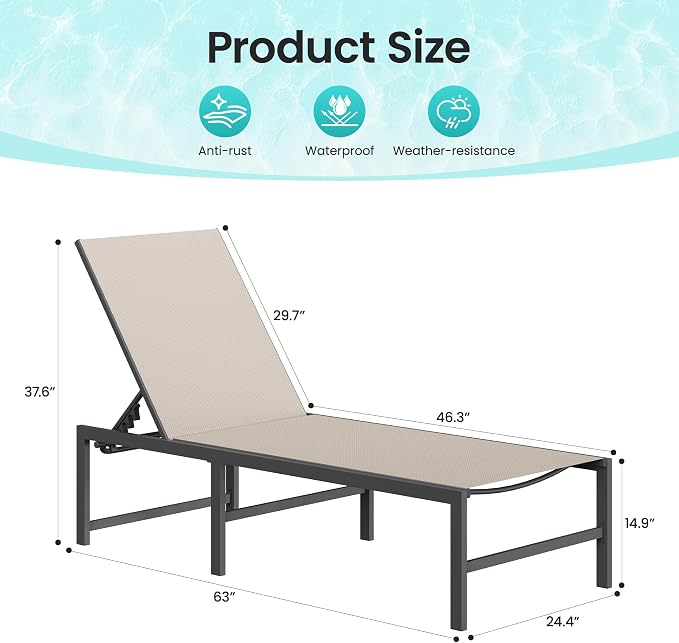 Amopatio Outdoor Lounge Chairs Poolside Chaise Lounge for Patio | Weather Resistant Rust Free Frame Breathable Textilene 5-Position Adjustable Backrest 400 LBS Capacity