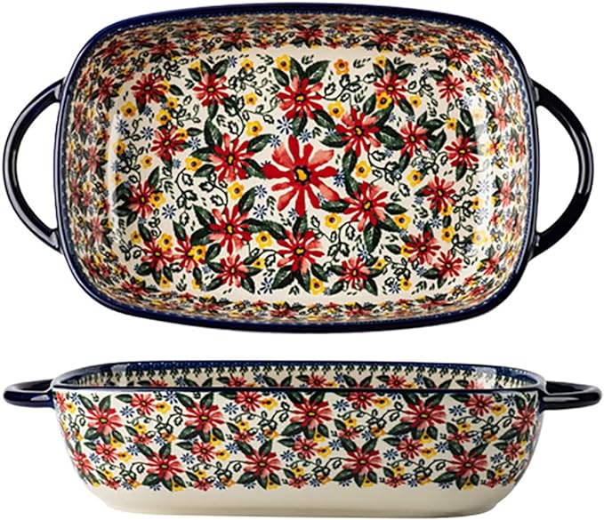 Red Daisy Flower Vintage Style Ceramic Bakeware Casserole Dish Baking Pan Lasagna Pans Baking Dish with Handles for Oven/Cooking/Kitchen-1 PCS, 60 OZ